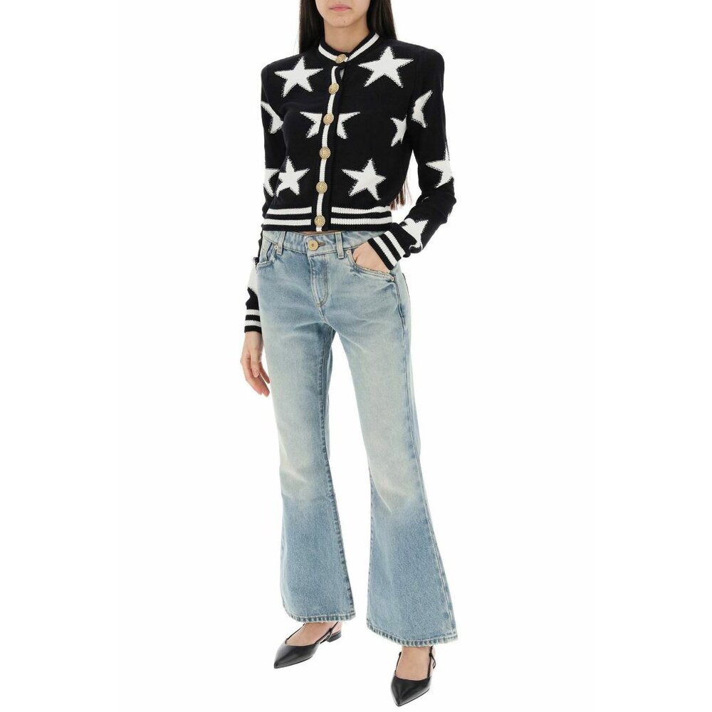 BALMAIN Washed Blue Cotton Westerm Cowgirl Denim Crop Bootcut Flared Jeans 38 6